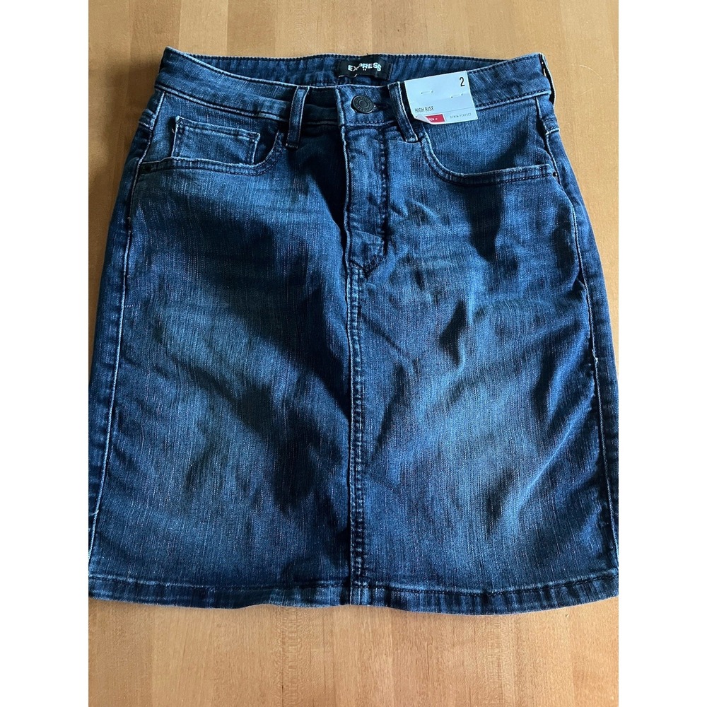 NWT Express Straight Mini High Rise Jean Skirt Stretch Perfect Denim Size 2